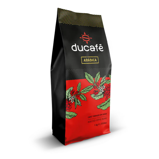Red and black coffee bag of Arabica beans, ideal for ristretto