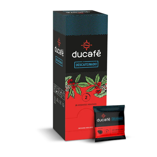 Red and black box of 150 arabica decaf coffee pods with an intense flavor from Beija Flor, a Portugal-based coffee roaster and partner